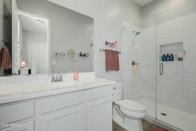 full bath with toilet, a shower stall, visible vents, and vanity