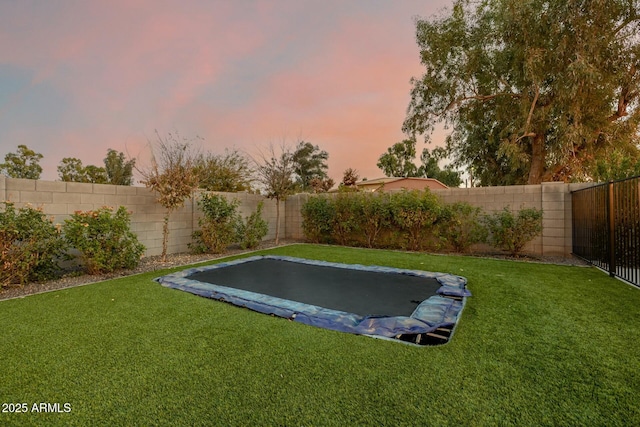 view of yard featuring a trampoline and a fenced backyard