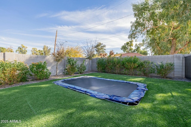 view of yard featuring a trampoline and a fenced backyard