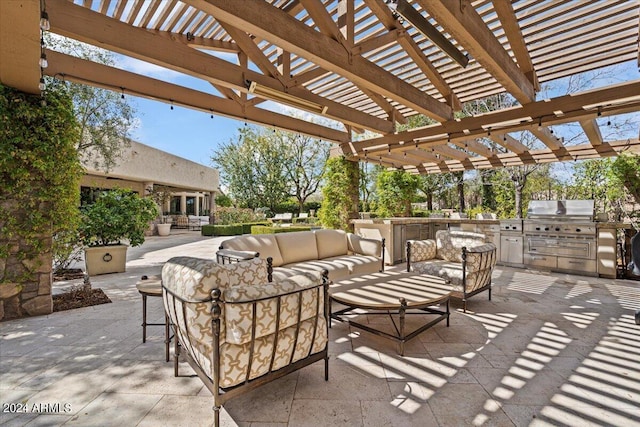 view of patio / terrace featuring a pergola, area for grilling, grilling area, and an outdoor hangout area