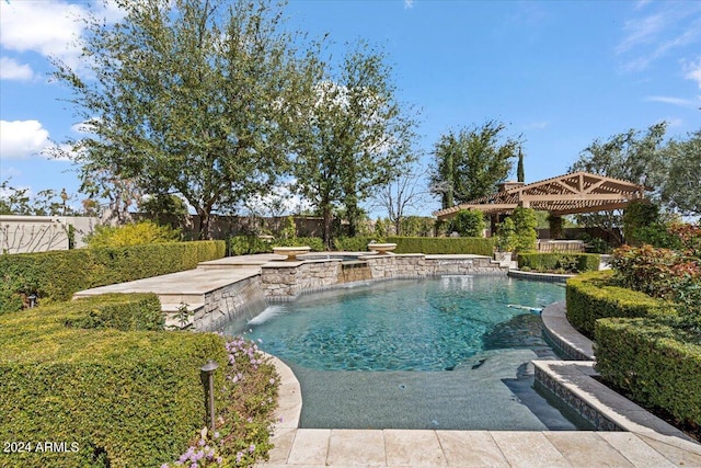 view of pool with pool water feature and a gazebo