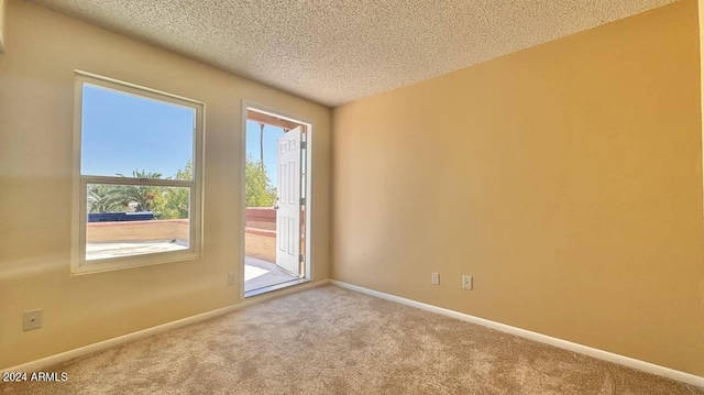 empty room with a textured ceiling and carpet flooring