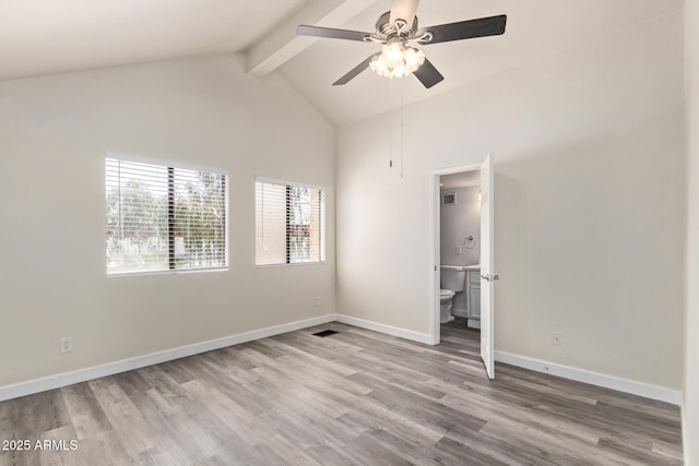 4901 S Calle Los Cerros Dr Unit 220, Tempe, AZ 85282 - unfurnished bedroom featuring beamed ceiling, wood finished floors, baseboards, high vaulted ceiling, and ensuite bathroom