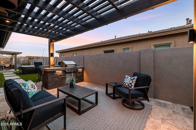 patio terrace at dusk with a pergola, an outdoor living space, a grill, area for grilling, and a jacuzzi