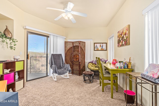 recreation room featuring carpet flooring and ceiling fan