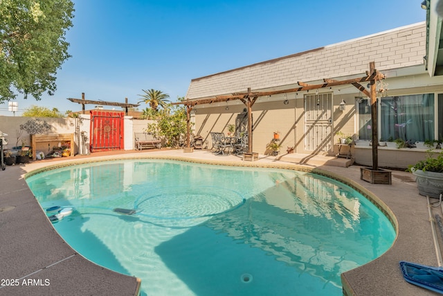 view of swimming pool featuring a fenced in pool, a patio area, and fence