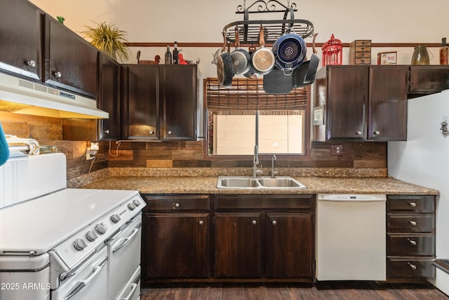 kitchen featuring decorative backsplash, a sink, dark brown cabinets, dishwasher, and under cabinet range hood