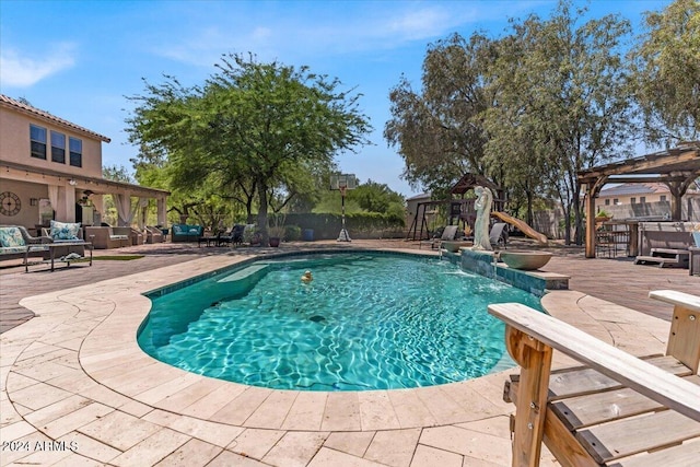 view of pool with pool water feature, an outdoor hangout area, a playground, and a patio