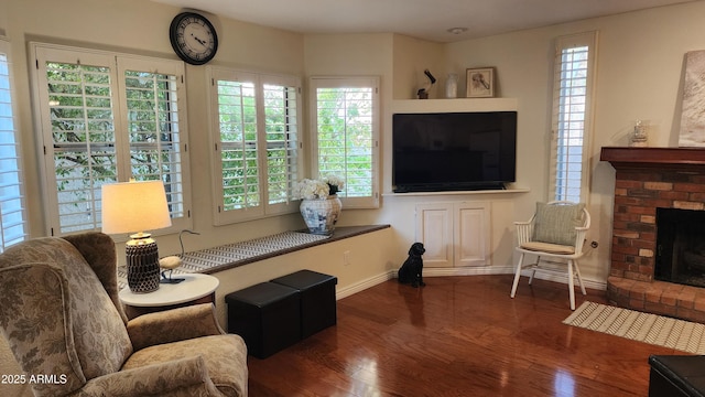 living room featuring dark wood-type flooring and a fireplace