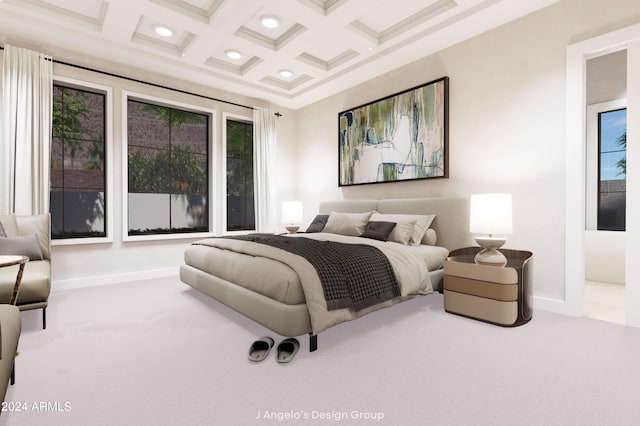 bedroom featuring coffered ceiling, beamed ceiling, and carpet floors