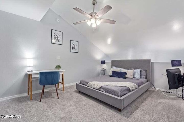 bedroom with carpet floors, ceiling fan, and vaulted ceiling