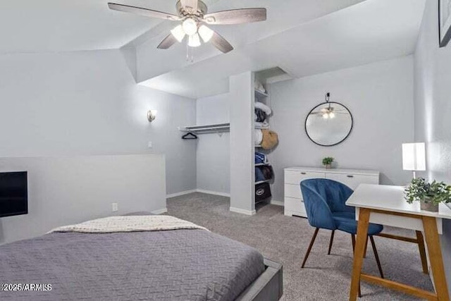 bedroom featuring carpet flooring, baseboards, and lofted ceiling