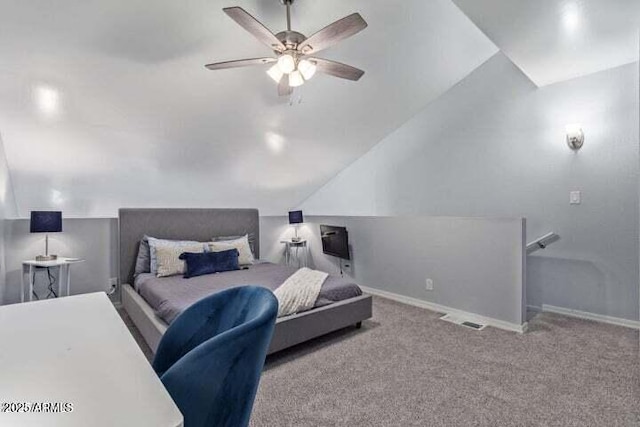 carpeted bedroom with baseboards, visible vents, a ceiling fan, and lofted ceiling