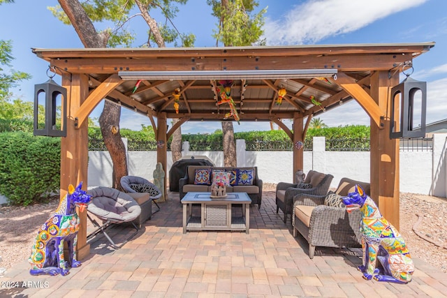 view of patio / terrace featuring a gazebo and an outdoor hangout area