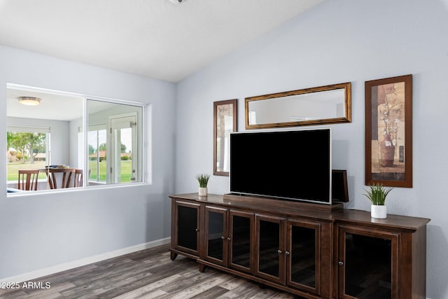 living room with lofted ceiling, wood finished floors, and baseboards