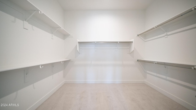 walk in closet featuring light colored carpet