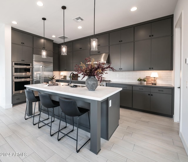 kitchen with sink, tasteful backsplash, decorative light fixtures, a kitchen island with sink, and appliances with stainless steel finishes