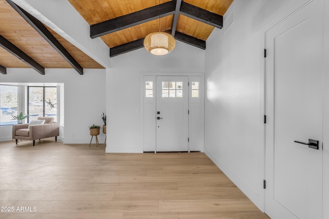 entrance foyer with high vaulted ceiling, wooden ceiling, light hardwood / wood-style floors, and beamed ceiling