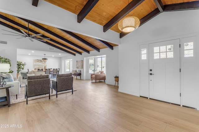 foyer entrance featuring wood ceiling, ceiling fan, high vaulted ceiling, beam ceiling, and light hardwood / wood-style flooring