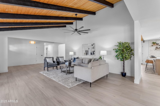 living room with light hardwood / wood-style floors, wooden ceiling, ceiling fan, and vaulted ceiling with beams