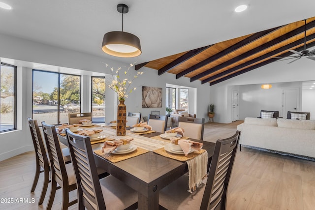 dining space with ceiling fan, wood ceiling, lofted ceiling with beams, and a wealth of natural light