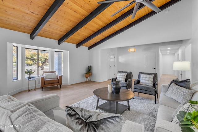 living room featuring light hardwood / wood-style flooring, high vaulted ceiling, wooden ceiling, ceiling fan, and beamed ceiling