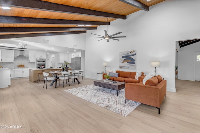 living room with high vaulted ceiling, beam ceiling, ceiling fan, and light hardwood / wood-style floors