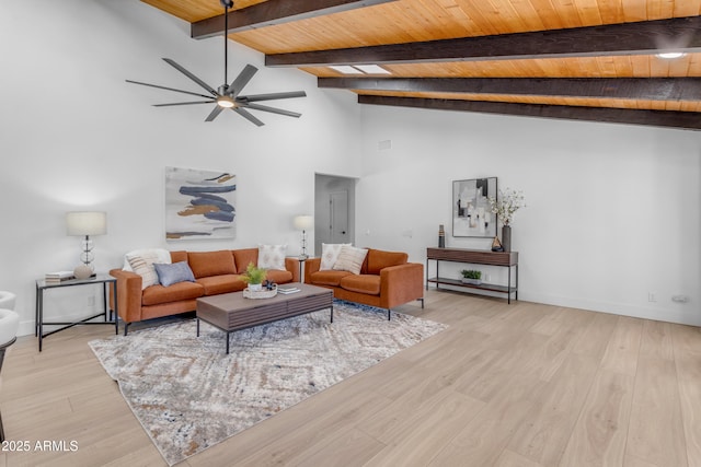 living room featuring ceiling fan, wood ceiling, light wood-type flooring, and vaulted ceiling with beams