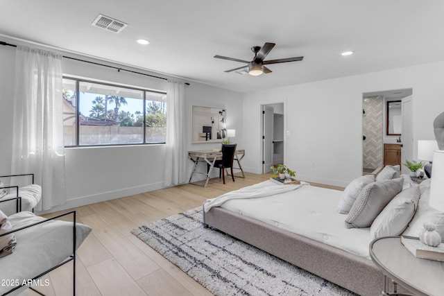 bedroom featuring ceiling fan and light wood-type flooring