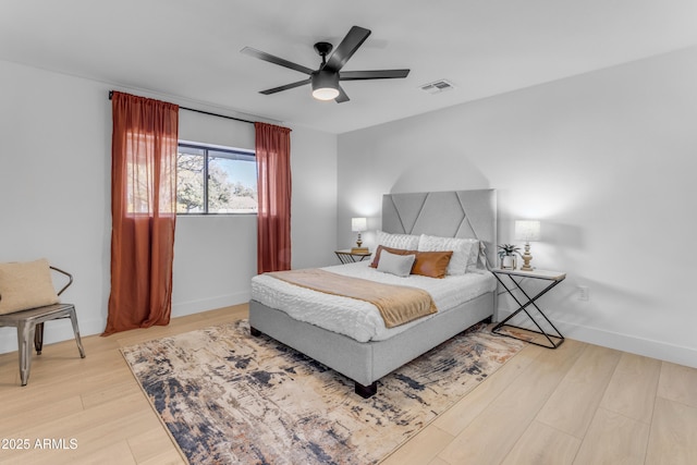 bedroom featuring ceiling fan and light wood-type flooring