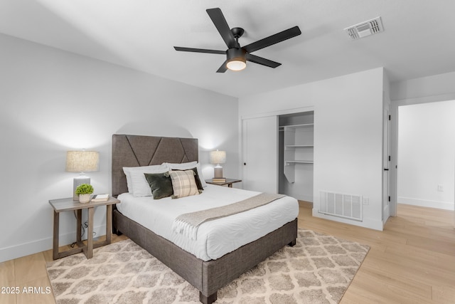 bedroom with ceiling fan, a closet, and hardwood / wood-style floors