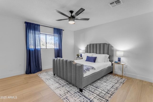 bedroom with hardwood / wood-style floors and ceiling fan