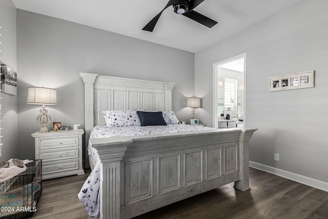 bedroom featuring dark wood-type flooring and ceiling fan