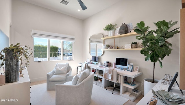 office with wood finished floors, baseboards, visible vents, recessed lighting, and ceiling fan