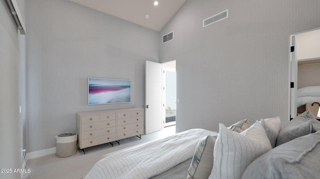 bedroom featuring access to exterior, recessed lighting, visible vents, and high vaulted ceiling