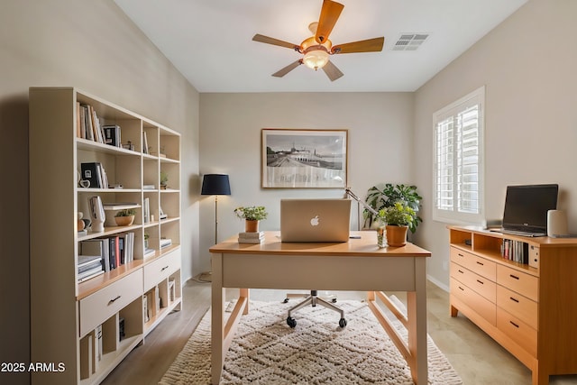 office area with visible vents and a ceiling fan