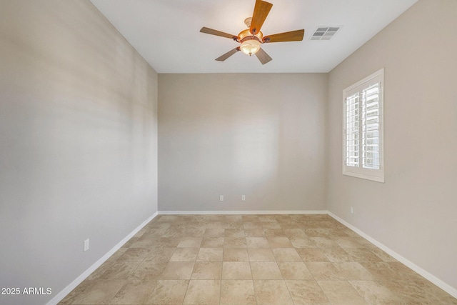 empty room featuring a ceiling fan, visible vents, and baseboards