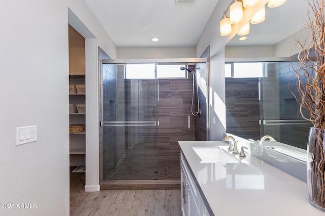 bathroom featuring a shower with door, vanity, and a healthy amount of sunlight