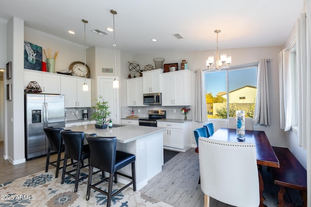 kitchen with white cabinetry, a center island, stainless steel appliances, tasteful backsplash, and pendant lighting