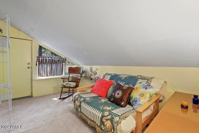 living area featuring lofted ceiling and light carpet