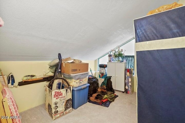 interior space with a textured ceiling, light colored carpet, and vaulted ceiling