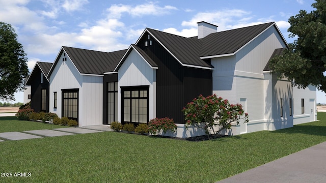 6234 S Brett Ct, Gilbert, AZ 85298 - modern farmhouse style home featuring metal roof, a front lawn, a standing seam roof, and a chimney