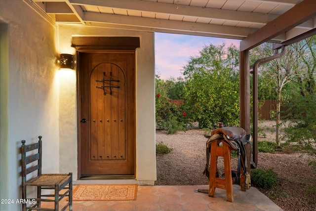 view of exterior entry at dusk