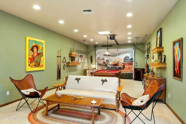 living area with light carpet and billiards