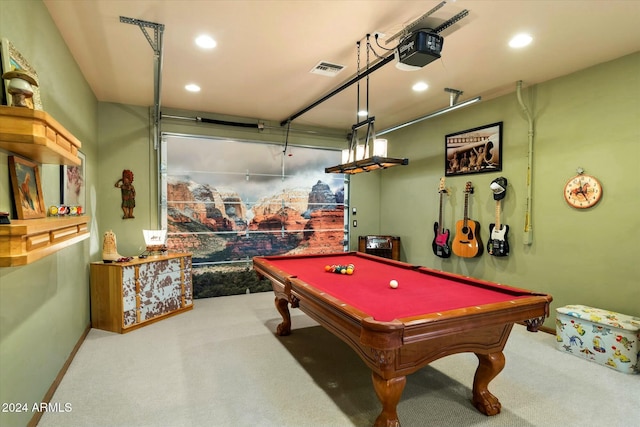 recreation room with carpet and pool table