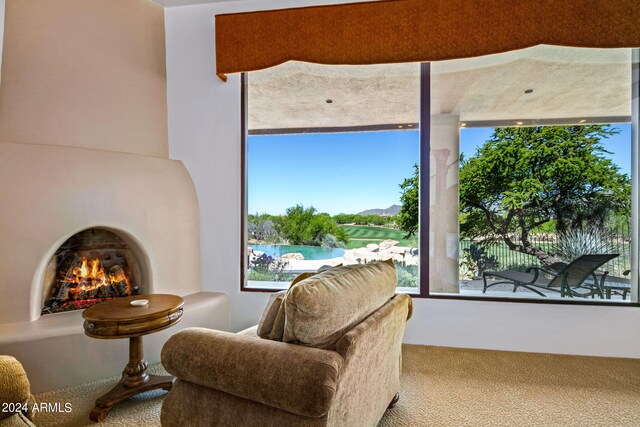 sitting room featuring carpet flooring and a water view