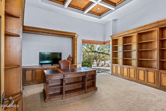 office with carpet flooring, beamed ceiling, and coffered ceiling