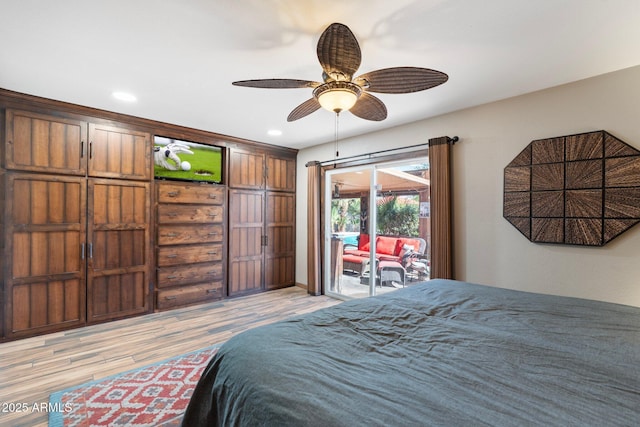 bedroom featuring recessed lighting, light wood-type flooring, ceiling fan, and access to outside