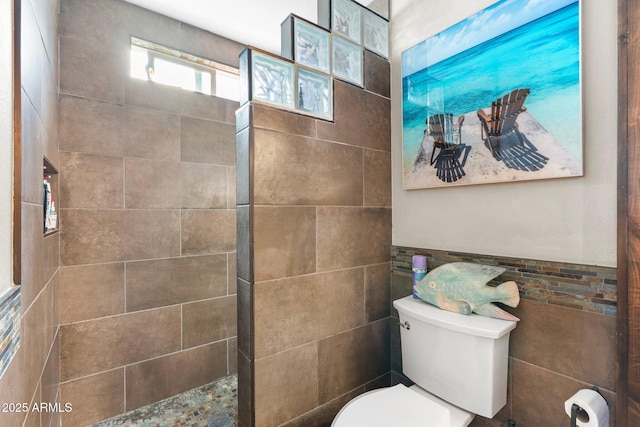 bathroom with toilet, tile walls, and a walk in shower