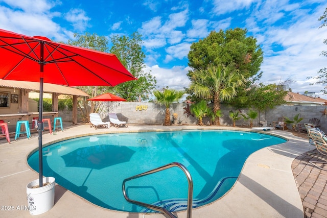 view of swimming pool with a patio, a fenced backyard, and outdoor dry bar